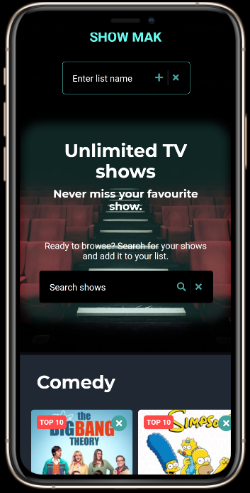 Mobile view of Show MAK, a website to search and follow your favourite TV shows created by the team of Kaunain Karmali, Abdulkadir Musse, and Mao Kitamura.